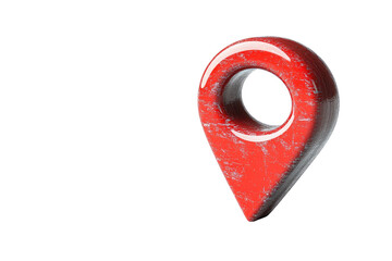Red, textured map pin floats on a solid black background