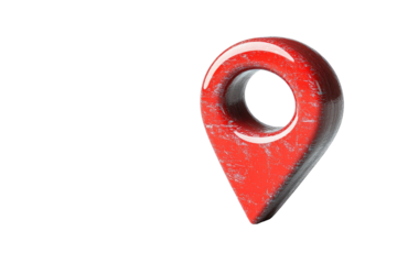 Red, textured map pin floats on a solid black background