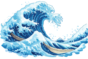 Large wave curling, wood visible in cresting ocean form