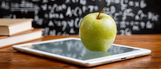 Green apple placed on an ipad on a classroom desk with math equations in the background during a study session