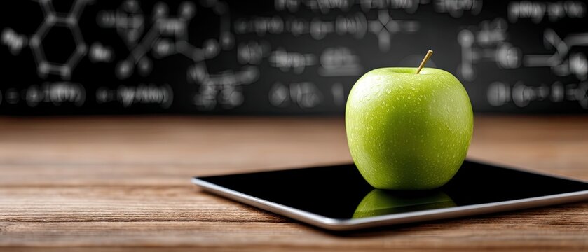 Green apple sits on a tablet in a classroom with math equations in the background during school hours