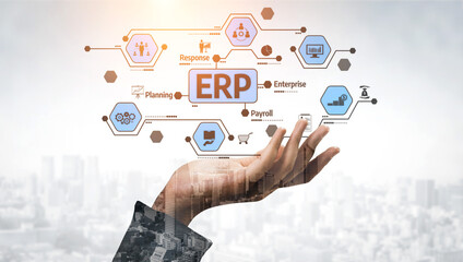 A business hand showcases digital icons representing ERP systems. Visualize integration of payroll, response, and planning tools in a modern workspace. Tessel