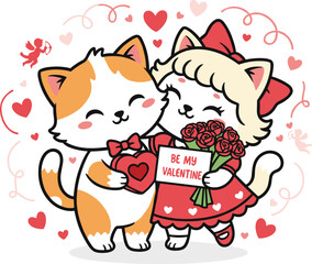 Cute Valentine Cats Illustration, Romantic Cartoon Kittens Holding Heart Gift and Rose Bouquet, Love, Romance, Valentine&rsquo;s Day Design