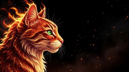 Fiery orange cat portrait with glowing fur and intense green eyes on black