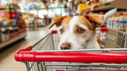 Curious small brown and white terrier dog leans over red handle of metal shopping cart in bright supermarket aisle with blurred shelves and lights behind, concept of playful pet friendly shopping