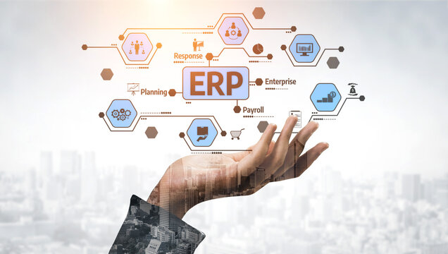 A business hand showcases digital icons representing ERP systems. Visualize integration of payroll, response, and planning tools in a modern workspace. Tessel - Powered by Adobe