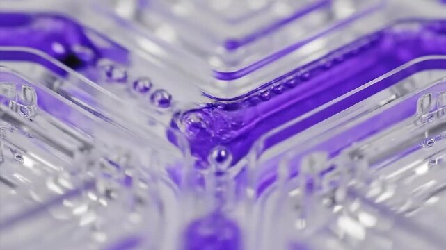 Abstract futuristic animation of microfluidic channels with flowing liquid, illustrating lab-on-a-chip technology, biomedical engineering, precision science, diagnostics, advanced research innovation.