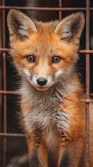 Fototapeta premium baby fox calm expression in safe enclosure, conservation theme