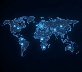 A digital world map with glowing blue lines and icons on a dark background