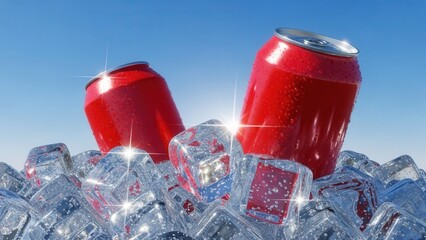 Two cold red soda cans with condensation resting on ice cubes