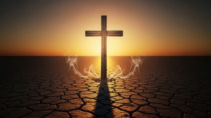 Cross at sunset over dry landscape