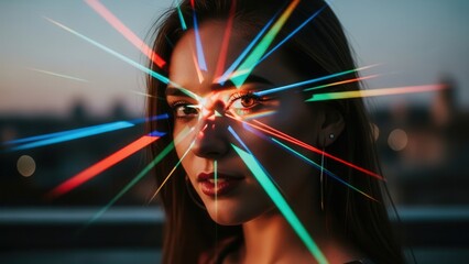 Close up portrait of woman's face with colorful light refractions
