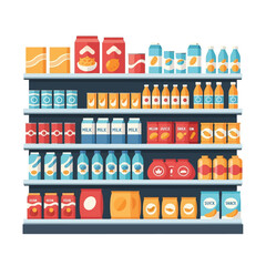 Fototapeta premium Grocery products on multiple shelves in a supermarket