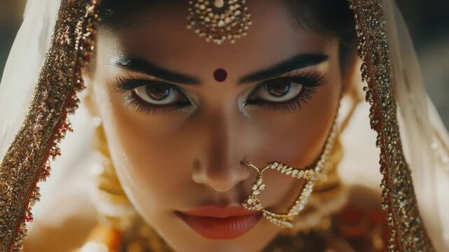 A close-up of an Indian bride's makeup with bridal jewelry, including bindi and nath on nose.