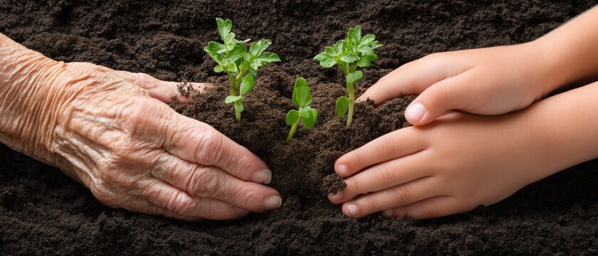 Hands of different generations planting seedlings in black soil to show care, growth, and connection in a garden setting during the day