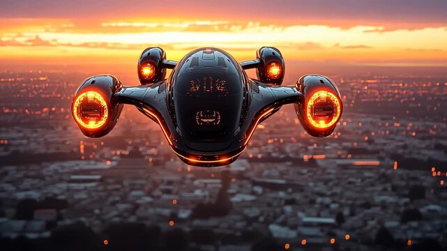 A futuristic flying car hovers above a city at sunset.