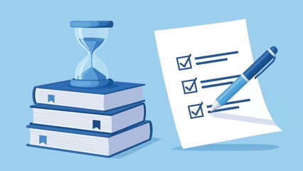 Business Education Concept With Stacked Books, Hourglass, Checklist, and Pen