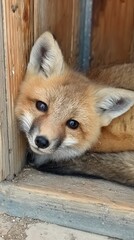 Obraz premium baby fox calm expression in safe enclosure, conservation theme