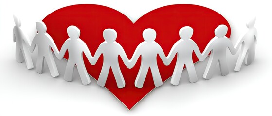 Hand-drawn paper cutout figures holding hands on red heart background for celebration of love and community support on Valentine's Day