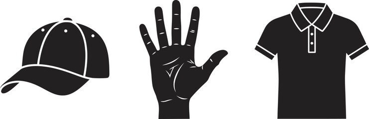 Black and white silhouette of a baseball cap a hand and a polo shirt