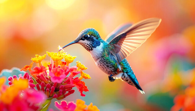 Hummingbird feeding on a vibrant colorful flowers, summer. AI