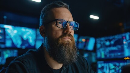 Medium shot of an IT specialist upgrading AI threat detection tools to enhance predictive analytics and realtime monitoring in a futuristic control room environment.