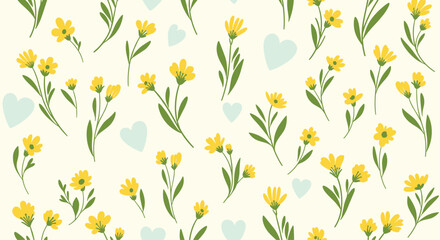 Obraz premium Floral seamless pattern with small yellow spring flowers and light blue hearts scattered on a creamy white background for romantic textile design.