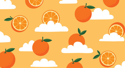 Seamless background pattern with whole and halved oranges and white fluffy clouds on a bright orange base for refreshing summer theme designs.