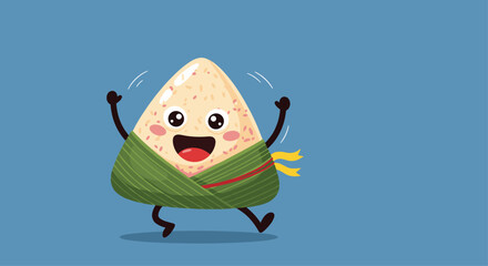 Obraz premium Dancing cartoon rice dumpling zongzi character with a happy face celebrating the traditional dragon boat festival on a solid blue background.