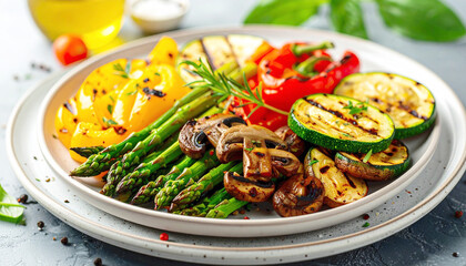 Colorful grilled vegetable platter, healthy eating, closeup. AI