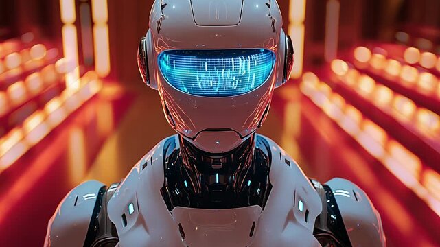 A white robot stands in a red and orange corridor, its blue visor displaying data.
