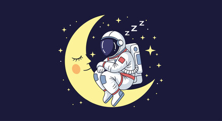 Fototapeta premium Astronaut sitting on a crescent moon with eyes closed, sleeping peacefully in a dark blue sky filled with stars and constellations.