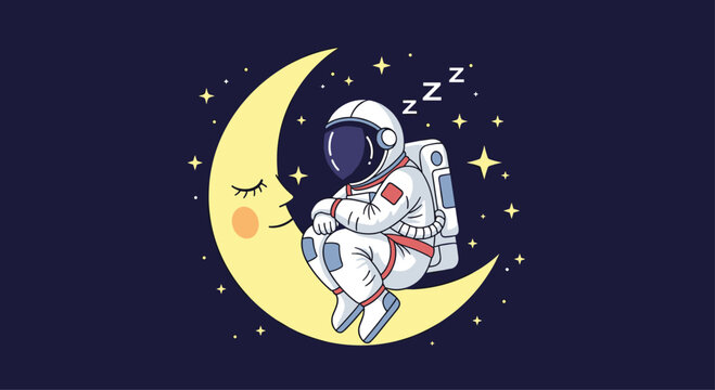 Astronaut sitting on a crescent moon with eyes closed, sleeping peacefully in a dark blue sky filled with stars and constellations.