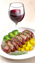 Roasted meat medallions arranged with golden potatoes and green vegetables on a light background with a wine glass.