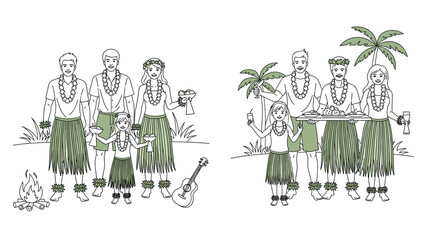 Obraz premium Happy family in traditional Hawaiian attire enjoying tropical vacation with palm trees
