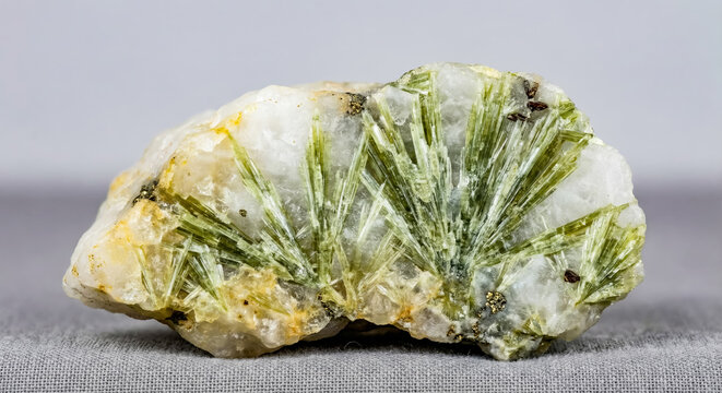 A collectible geological specimen of green radiant epidote aggregate embedded within a white quartz vein.