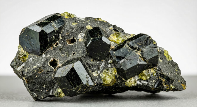 A collectible geological specimen of short prismatic augite crystals embedded in a dark volcanic basalt rock matrix with grains of yellowish-green transparent olivine.