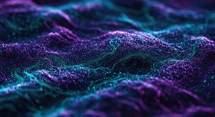 A mesmerizing abstract landscape of shimmering purple and blue lights