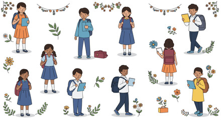 Diverse group of school children with backpacks and school supplies surrounded by colorful floral decorations.