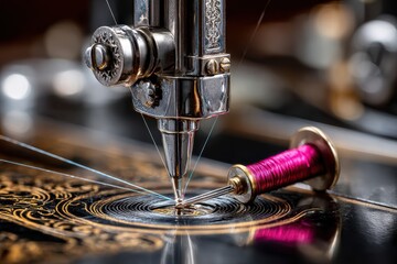 Close-up of antique sewing machine sewing intricate design with vibrant thread