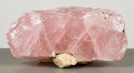 A collectible geological specimen of massive blocky rose quartz with characteristic pink hue, conchoidal fracture and milky texture.