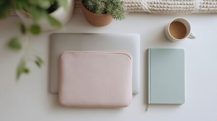 Flat lay of a desk with a laptop, a pink notebook, and a cup of coffee. the laptop is open and the notebook is lying next to it. there is also a small potted plant on the desk.
