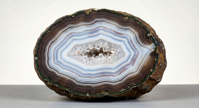 Concentrically zoned agate geode section with rhythmic chalcedony layers and a crystalline quartz core.