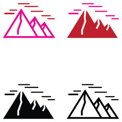 Four minimalist mountain icons in different colors on white background