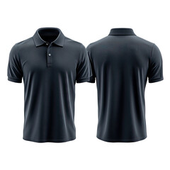 Two black polo shirts, front and back views, on black