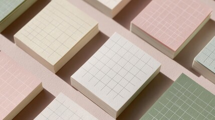 Group of small square-shaped notebooks with grid lines on them. the notebooks are arranged in a scattered manner on a light pink background.