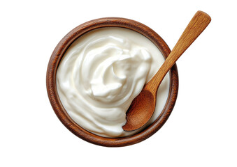 Creamy yogurt in a wooden bowl, with a small spoon
