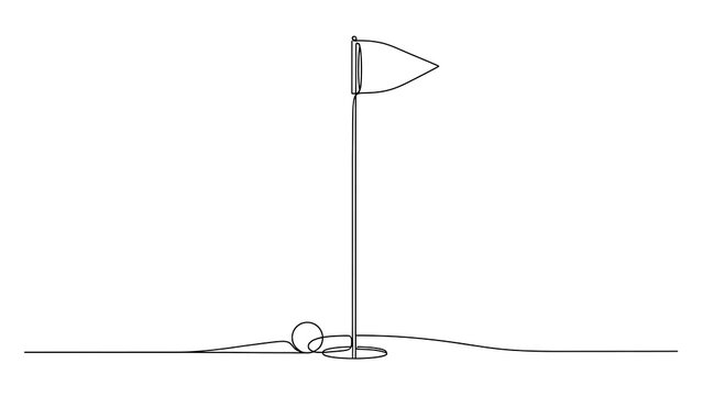 Golf hole with flag and ball, one line drawing of a golf course element, continuous line art concept of golf sport