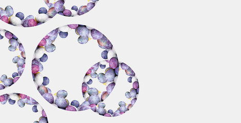 Modern Easter eggs background, futuristic spring wallpapers. Painted eggs composition, cut out circles, frames. Minimalist style, cold shades Easter eggs, isolated