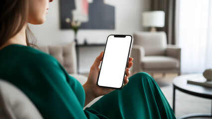 Hand holding mobile smartphone with blank white screen mockup while woman in green dress sitting on sofa in modern living room interior for app design website display copy space